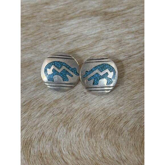 Zuni Bennie Bowekaty Sterling Inlaid Turquoise Spirit Bear Stud Earrings Fetish - Picture 2 of 8